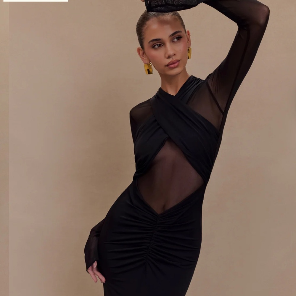 Slinky And Mesh Long Sleeve Maxi Dress - Black